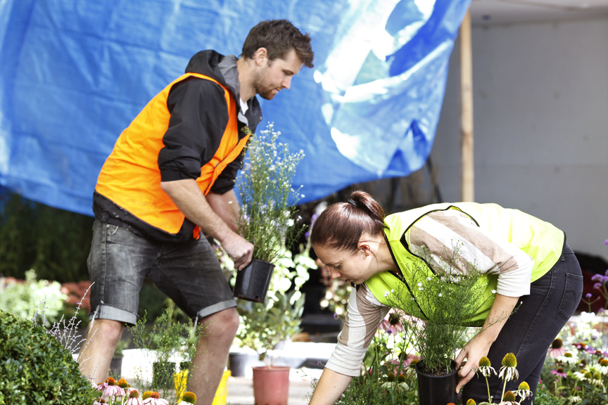 The Ian Barker Gardens team busy at work in the Carlton Gardens for the Melbourne International Flower & Garden Show