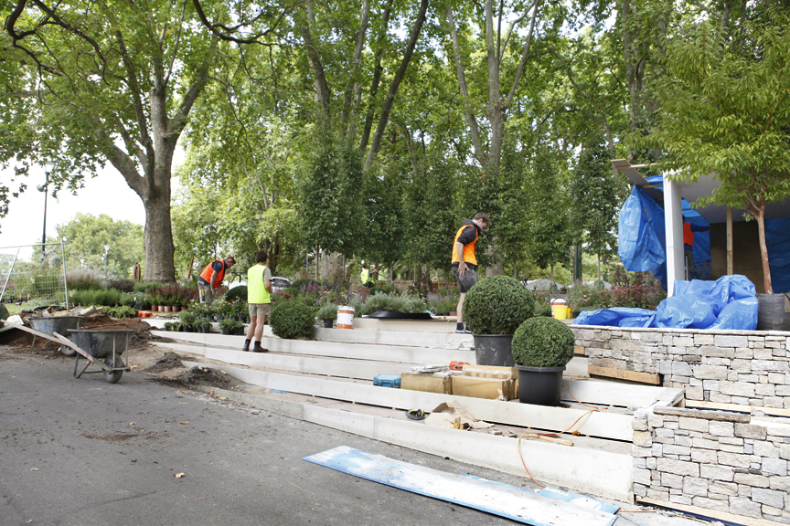 Construction taking place at the Ian Barker Gardens site in the Carlton Gardens in preparation for the Melbourne International Flower & Garden Show.