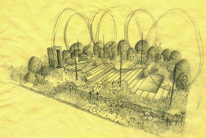 Hand drawn perspective sketch of 'Cross Roads' designed by Ian Barker Gardens for the 2015 Melbourne International Flower & Garden Show.