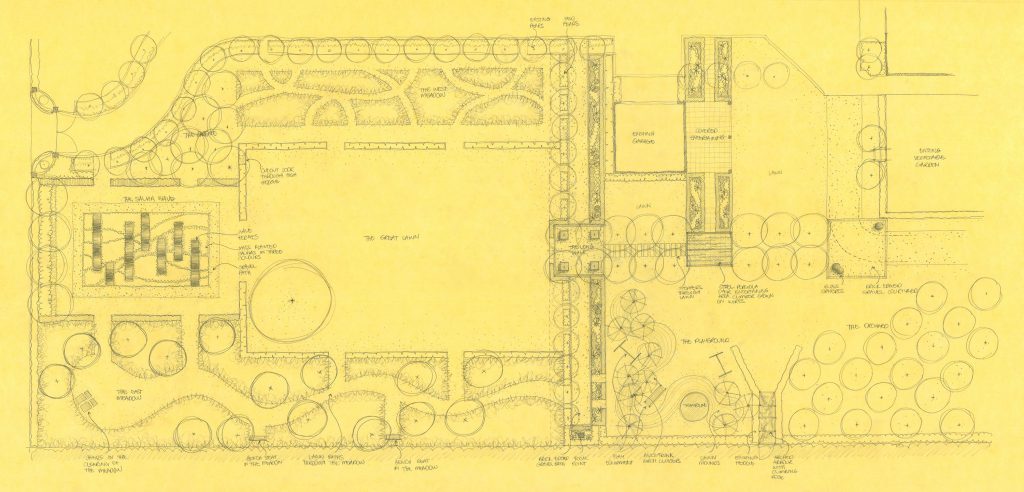 Miners Rest concept sketch designed by Melbourne landscape design company Ian Barker Gardens. The Miners Rest project is a large rural garden featuring an expansive lawn area, two meadows, an orchard, a play area, an arbour covered in climbing roses and much more.  