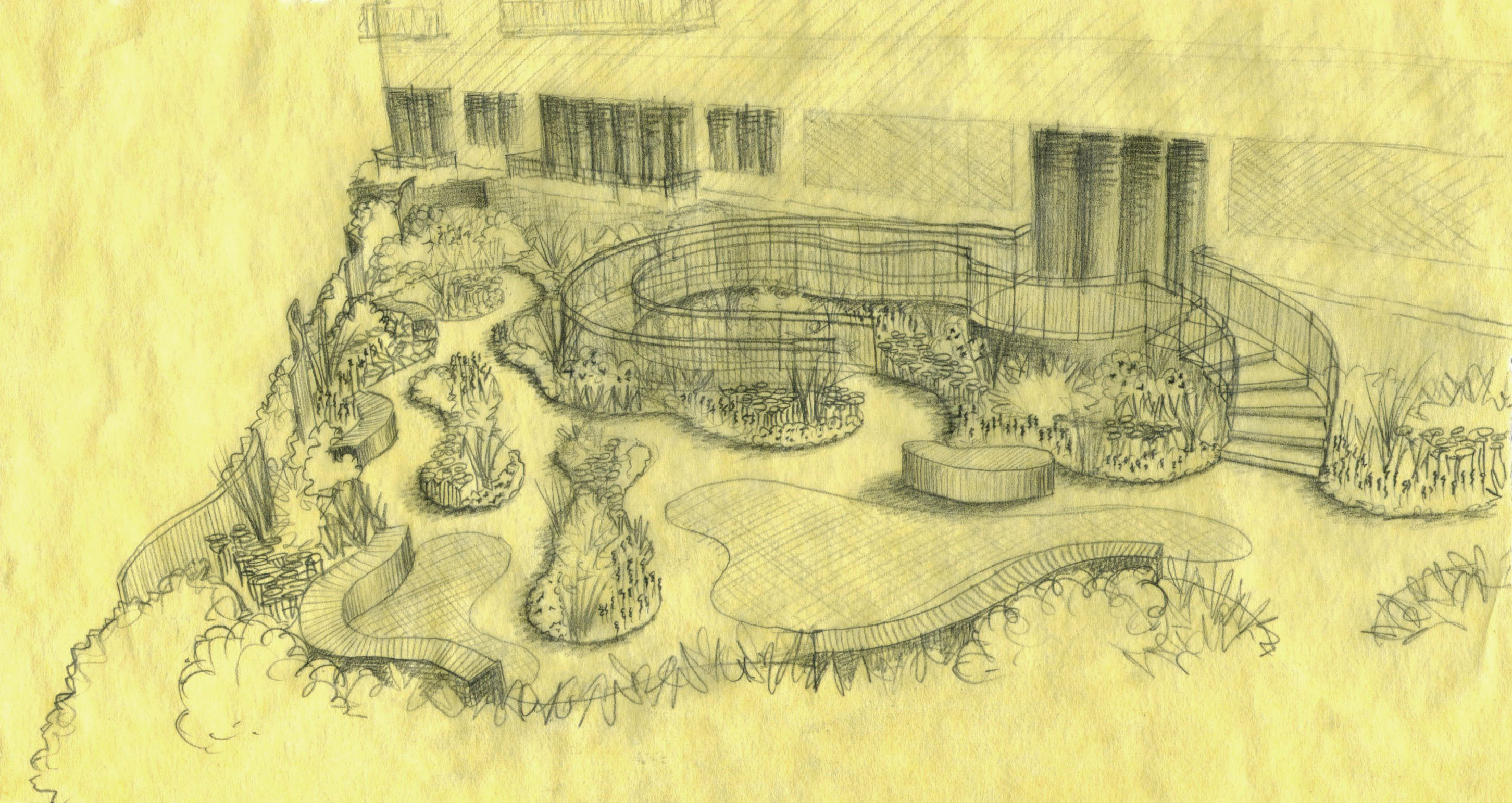 Perspective sketch for the Southgate project designed by Melbourne landscape design company Ian Barker Gardens