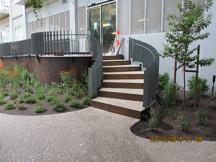 Seeded concrete steps at 28 Southgate with coreten steel edging lead up to a concrete podium also edged in corten steel and surrounded by lush planting