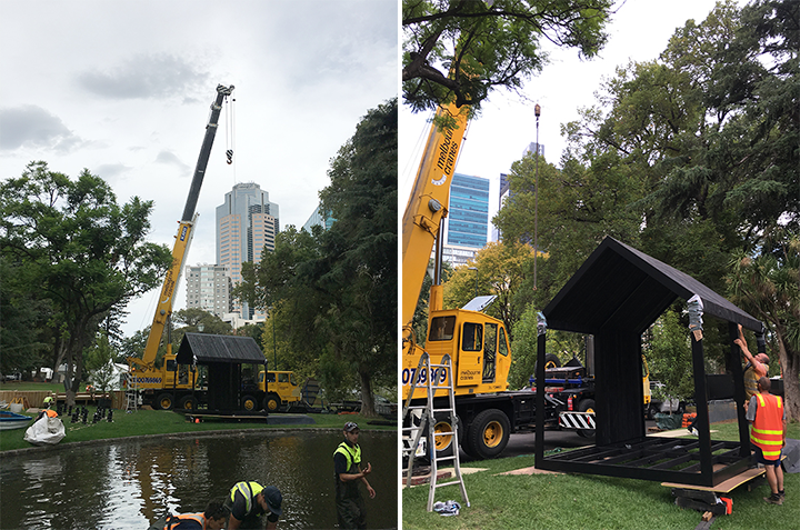 Crane prepares to lift the boathouse into position on the lake at the Carlton Gardens